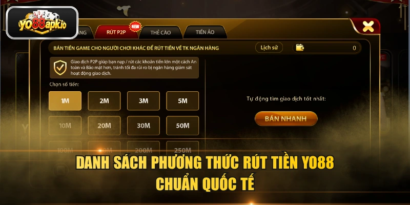 Danh sách phương thức rút tiền YO88 chuẩn quốc tế